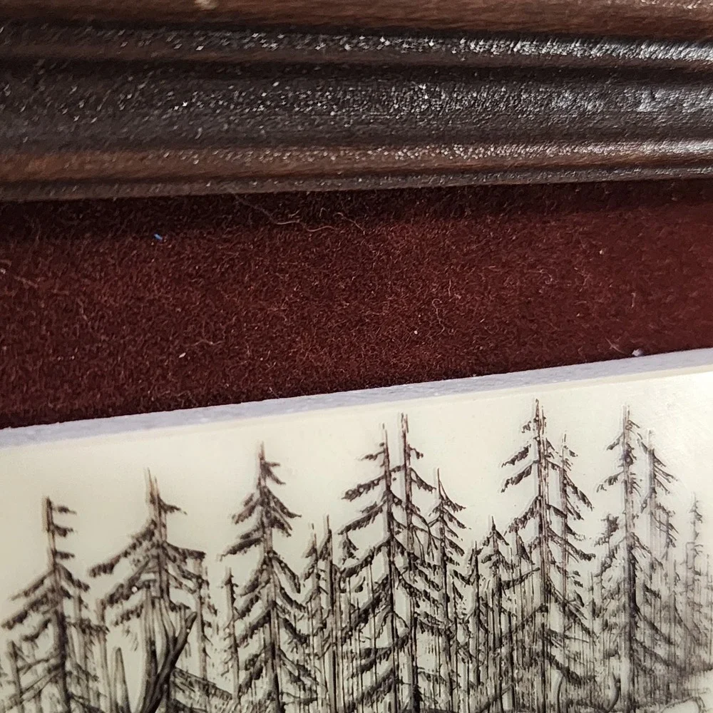 Vintage Framed Scrimshaw Style Elk Wilderness Art Rustic Cabin Decor 7x6